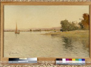 Boot und Segelboot am Ufer des Sees