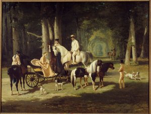 Herr und Frau A. Mosselman und ihre zwei Töchter reiten durch den Wald