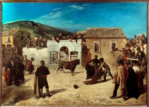 Novillada am Escurial, Szene des Stierkampfs zwischen jungen Stieren und jungen Stierkämpfern in Spanien, Gemälde von Alfred Dehodencq, 1850, Pau, Museum der Schönen Künste