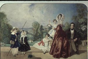 Herr und Frau George Knott mit vier Kindern auf der Terrasse von Bohun Lodge, New Barnet