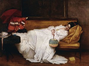 Ein Mädchen mit einem japanischen Fächer, schlafend auf einem Sofa von Alfred Emile Stevens