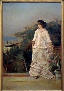 Porträt einer Frau auf einer Terrasse am Meer von Alfred Emile Stevens