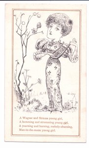 Viktorianische Grußkarte von einem Ästheten, der Laute spielt, ca. 1881