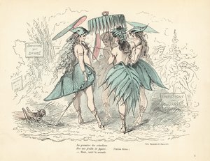Frauen nur in Feigenblattkleidern und Hüten, die Blattpaare halten von Alfred Grevin