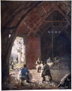 Schafschur, Esthwaite Hall Farm, aus einem Portfolio von Drucken nach den Original-Aquarellen, ca. 1920 von Alfred Heaton Cooper