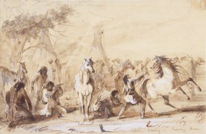 Abend, Pferde anbinden, ca. 1837 von Alfred Jacob Miller
