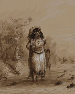 Indisches Mädchen mit Papoose überquert den Bach von Alfred Jacob Miller