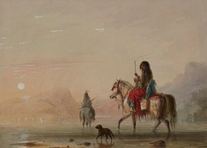 Indianer und seine Squaw durchqueren einen Fluss