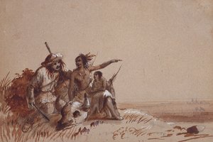 Kansas-Indianer erzählt einem Fallensteller durch Zeichen die Wanderung der Büffel, ca. 1837 von Alfred Jacob Miller