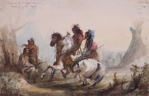 Fallensteller und Schlangenindianer unterhalten sich durch Zeichen, ca. 1837 von Alfred Jacob Miller