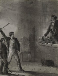 Zwei Jungen mit erhobenen Stöcken, während ein Mann und Hunde aus einem Fenster schauen von Alfred Jacob Miller