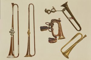 Kavallerietrompete, ein Horn, eine vergoldete Trompete von John Harris um 1730, eine Trompete und eine silbermontierte Trompete von William Ball um 1680, aus 
