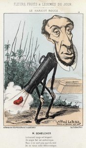 Die rote Bohne: Karikatur von Victor Schoelcher stellt im Zug von Peter eine Bohne (Furz) dar - ill. vom 16/02/1871 von Alfred Le Petit, in „Blumen, Früchte und Gemüse des Tages“