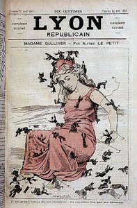Madame Gulliver: Es ist höchste Zeit, mich aufzuwecken: Sie hätten mich gegessen (Marianne steht auf und Männer des Klerus, als Liliputaner, versuchen, sie zu fesseln) - von Alfred Le Petitty, in „Lyon Républicain“ vom 25.04.1880 von Alfred Le Petit
