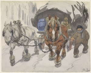 Bauernwagen mit zwei Pferden davor