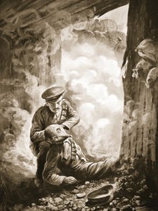 Unteroffizier Raynes setzt Sergeant Ayres nach der Explosion einer Gasgranate seinen Rauchhelm auf (Lithografie) von Alfred Pearse