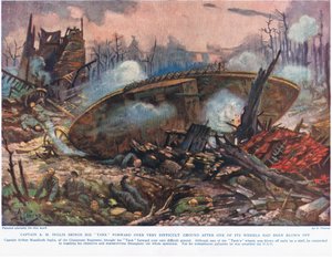 Captain A.M. Inglis bringt seinen Panzer über sehr schwieriges Gelände vor, nachdem eines seiner Räder weggesprengt wurde, Illustration aus 