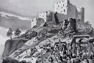 Der walisische Angriff auf Montgomery Castle im Jahr 1095 unter der Führung von Cadwgan ap Bleddyn, Prinz von Powys, Illustration aus 