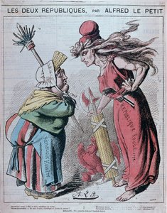 Karikatur zu den beiden Republiken, „Republique Honnete (1830) und Republique rouge (1793)“ von Alfred Le Petitty in „Le Grelot“ 1872