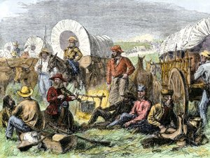 Geschichte des Westens Eroberungssiedler: Amerikanische Pioniere. Reisendenlager am Grab der Nacht in der Nähe von Diligences, Vereinigte Staaten. Farbenfrohe Gravur des 19. Jahrhunderts.