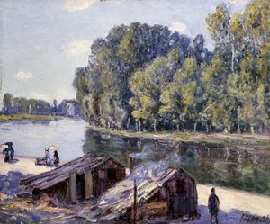 Hütten am Rand des Canal du Loing mit Sonnenschein von Alfred Sisley