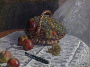 Äpfel und Trauben in einem Korb von Alfred Sisley