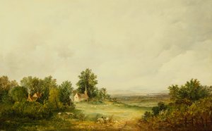 Schafe bei einer Kirche in einer Waldlandschaft von Alfred Vickers