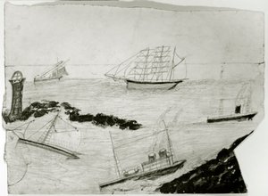 Drei Segelschiffe, zwei Dampfschiffe und Godrevy-Leuchtturm, ca. 1935-38 von Alfred Wallis