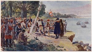 Portugiesen errichten eine Steinsäule an der Mündung des Kongo von Alfredo Roque Gameiro