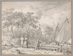 Landschaft mit eleganten Figuren an einem Fluss, mit Booten rechts und einer Stadt hinter Bäumen dahinter von Allaert van Everdingen