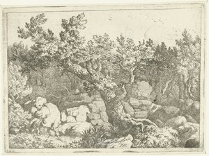 Landschaft mit Jäger bei großem Baum