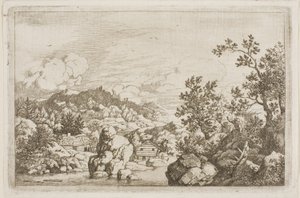 Fluss zwischen Felsen und Holzhütten von Allaert van Everdingen