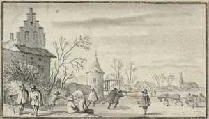Schlittschuhläufer auf einem Teich außerhalb der Stadt