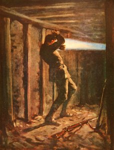 Eine Zunge aus blauer Flamme schießt aus der feindlichen Seite einer Minengalerie und verbrennt Private Bytheway schwer von Allan Stewart
