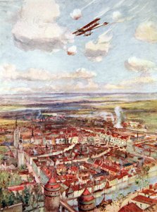 Leutnant Rhodes-Moorhouse fliegt über Courtrai, um die Eisenbahn zu bombardieren