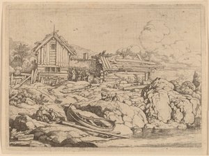 Boot an einem Flussufer mit drei Ziegen von Allart van Everdingen