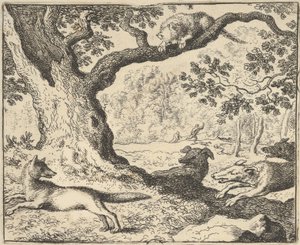 Nach Renards falscher Geschichte wird sein Vater von Jagdhunden gejagt, von Hendrick van ..., 1650-75 von Allart van Everdingen