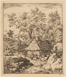 Landschaft mit Mühlstein in der Nähe eines Fasses, wahrscheinlich ca. 1645-1656