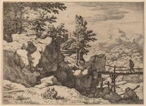 Mann auf einer kleinen Holzbrücke, wahrscheinlich ca. 1645-1656 von Allart van Everdingen