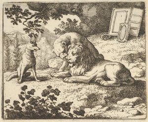 Renard lügt, dass er dem Widder verschiedene wertvolle Gegenstände gegeben hat, die für den Löwen bestimmt waren, 1650-75