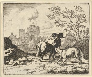 Renard schickt den Widder mit einem Paket, das den Kopf des Kaninchens enthält, zum Löwen zurück, 1650-75 von Allart van Everdingen