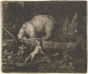 Der Bär mit seiner Schnauze und seinen Vorderpfoten im Stamm eines Baumes gefangen, Mitte des 17. Jahrhunderts von Allart van Everdingen