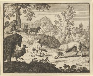 Der Löwe erlaubt einen Kampf zwischen dem Wolf und Renard, 1650-75 von Allart van Everdingen