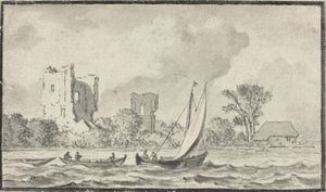 Drei Boote auf einem Fluss mit Ruinen entlang des Ufers von Allart van Everdingen