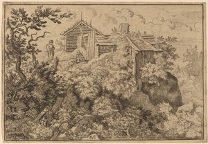 Drei Hütten auf einem Felsen von Allart van Everdingen