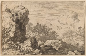 Drei Reisende am Fuße eines hohen Felsens, wahrscheinlich ca. 1645-1656 von Allart van Everdingen