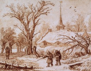Reisende auf einer Straße in der Nähe eines Dorfes im Winter