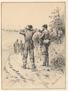 Offiziere und General beobachten eine Seeschlacht (Schlacht von Monitor und Merrimac)