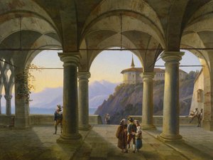 Säulenterrasse mit figürlicher Staffage und Blick auf einen Gebirgssee von Alois Gustav Schulz