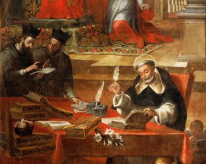 Zwei Jesuiten im Gespräch, während St. Raymond das Konzil schreibt, (Detail) von Alonso Antonio Villamor